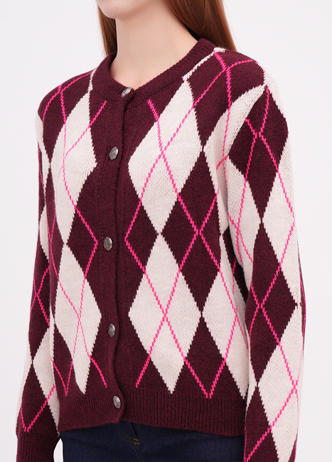 Женский бордовый кардиган EQUILIBRI артикул W343 009 000 bordo FW2025 Фото ракурс 3 - Женский бордовый кардиган EQUILIBRI артикул W343 009 000 bordo FW2025