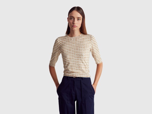 Фото ракурс 1 - Женская бежевая футболка Benetton артикул 12F3D10EE 902 25A