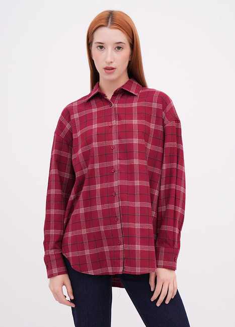 Фото ракурс 1 - Женская бордовая рубашка EQUILIBRI артикул W422 023 003 bordo FW2025