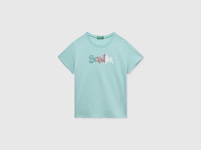 Голубая футболка для девочек Benetton артикул 3I1XC10MZ.G 3Y1 25A Фото ракурс 1 - Голубая футболка для девочек Benetton артикул 3I1XC10MZ.G 3Y1 25A