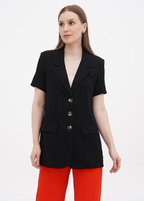 Фото ракурс 1 - Женский чёрный пиджак EQUILIBRI  артикул AZ Linen Jacket Black SS2023