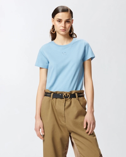 Жіноча блакитна футболка Pinko артикул 100355-A2HN E63 SS2025 Фото ракурс 1 - Жіноча блакитна футболка Pinko артикул 100355-A2HN E63 SS2025