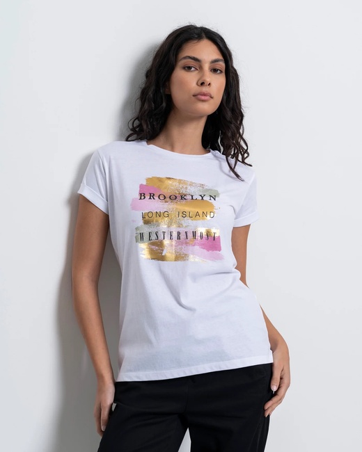 Женская белая футболка Piazza Italia артикул 50028 White SS2025 Фото ракурс 1 - Женская белая футболка Piazza Italia артикул 50028 White SS2025