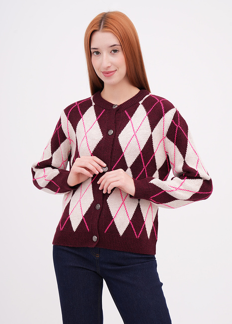 Женский бордовый кардиган EQUILIBRI артикул W343 009 000 bordo FW2025 Фото ракурс 1 - Женский бордовый кардиган EQUILIBRI артикул W343 009 000 bordo FW2025