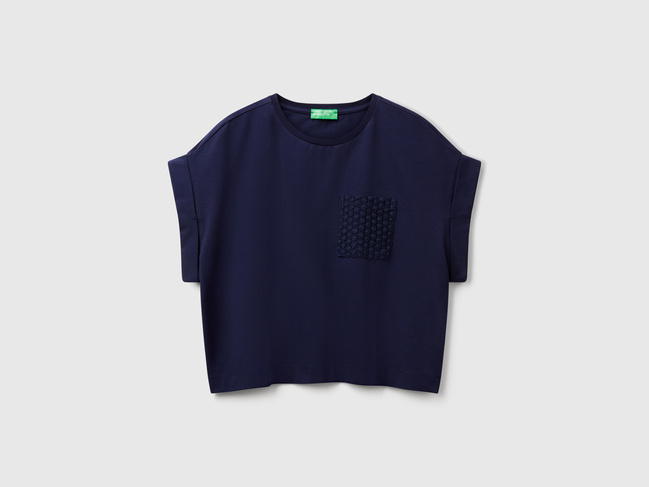 Фото ракурс 4 - Женская синяя футболка Benetton артикул 3IFVD10AF 252 25P