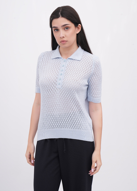 Фото ракурс 1 - Женская синяя футболка поло EQUILIBRI артикул W314 010 002 LIGHT BLUE FW2025