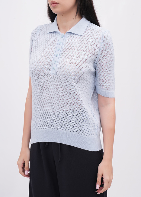 Фото ракурс 3 - Женская синяя футболка поло EQUILIBRI артикул W314 010 002 LIGHT BLUE FW2025