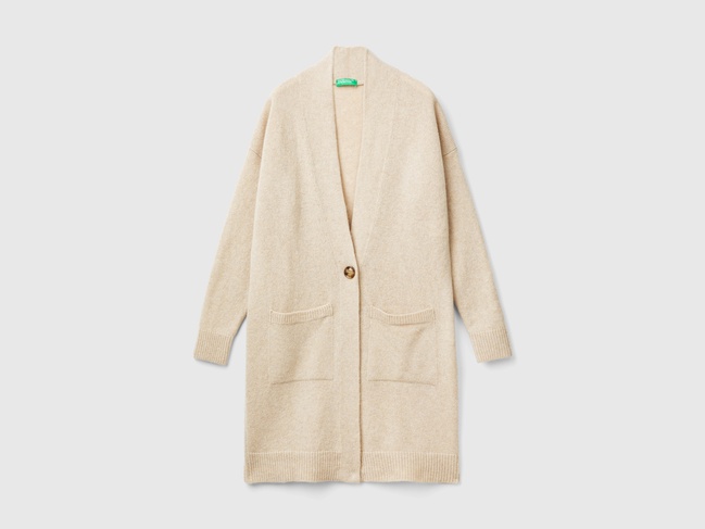 Жіночий бежевий кардиган Benetton артикул 103MDN00B 562 24A Фото ракурс 5 - Жіночий бежевий кардиган Benetton артикул 103MDN00B 562 24A