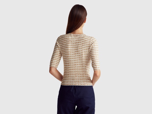 Фото ракурс 2 - Женская бежевая футболка Benetton артикул 12F3D10EE 902 25A