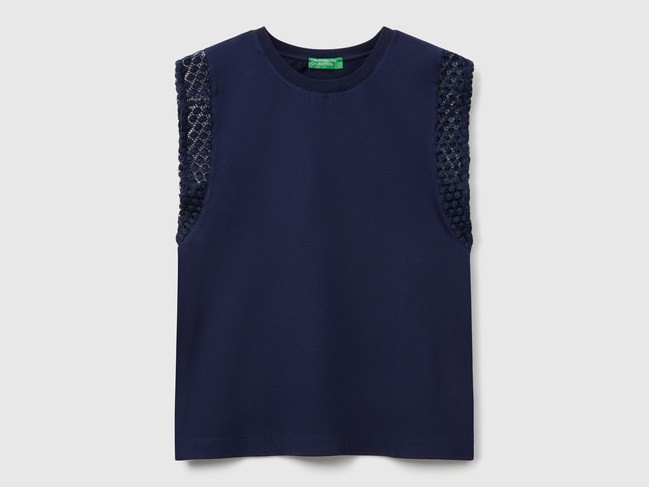 Фото ракурс 4 - Женская синяя футболка Benetton артикул 3IFVD10AC 252 25P