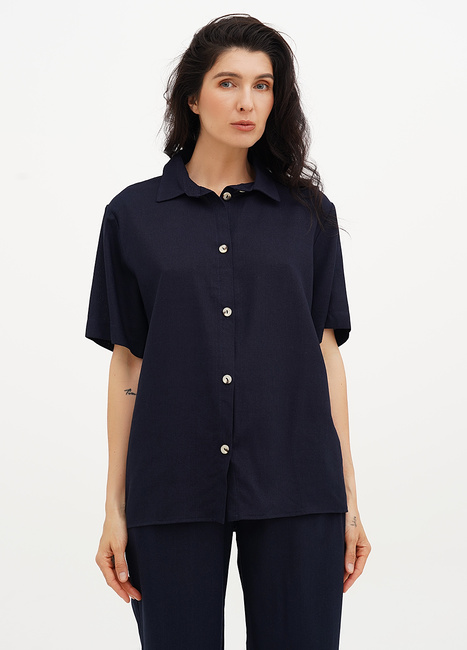 Жіноча синя сорочка EQUILIBRI артикул W491 050 100 NAVY BLUE SS2025 Фото ракурс 1 - Жіноча синя сорочка EQUILIBRI артикул W491 050 100 NAVY BLUE SS2025